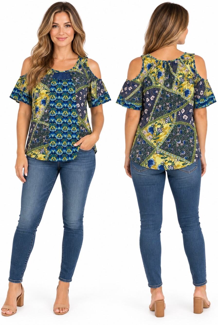 New Directions PXL Floral Patchwork Cold Shoulder Boho Blouse Blue Yellow